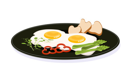 Healthy breakfast scrambled eggs concept. Vegetables and mushrooms. Proper nutrition and diet. Template, layout and mock up. Cartoon flat vector illustration isolated on white background