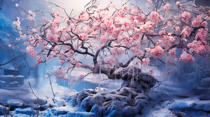 Snowflakes weaving tales on the barren branches of a cherry tree