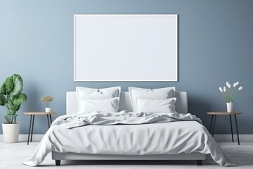 White pillows and duvet on a blue bed. White pillows, duvet and duvet case on a blue bed. White bed linen on a blue sofa. Bedroom with bed and bedding and poster frame mock up on the. Generative AI