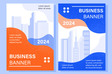 Set of business banners concept. Silhouettes at skyscrapers and large buildings. Place for text. Template, layout and mock up. Cartoon flat vector collection isolated on blue background