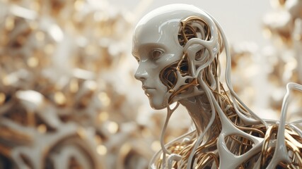 Robotic body made of golden wires and animatronic human face