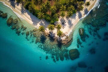 Aerial view of tropical island with palms and turquoise water. Generative AI