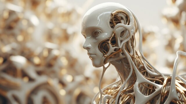 Robotic body made of golden wires and animatronic human face