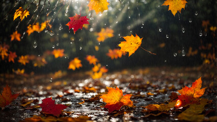 Autumn, leaves ,on the floor, rain, dripping, october, september, november, outdoor, seasonal, rainy day, colors, reflection, surface, environment, beautiful, weather, season, natural, water, fall, na - obrazy, fototapety, plakaty