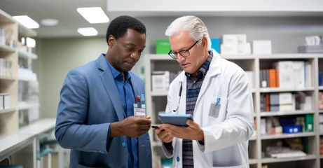 Zelfklevend Fotobehang Pharmacist and inspector with tablet computer taking inventory in pharmacy © GustavsMD