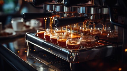Coffee extraction from a professional coffee machine by the hands of a professional barista