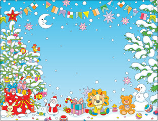 Christmas and New Year background with a decorated fir tree, garlands and a magic bag of winter holiday gifts for little kids surrounded by snowy prickly branches, vector cartoon illustration