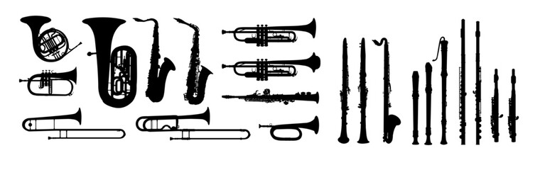 set of instruments silhouette, trumpet, horn, French horn, tuba, saxophone, flute, clarinet, piccolo