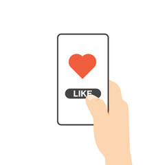Hand holds smartphone and press like button. Likes notification icon. Reactions to a social media. Mobile phone with heart and love emoji icon. App template.  Vector illustration in modern flat style