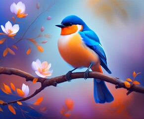 Blue Orange Bird Sitting on Spring Branch Acrylic Painting. AI generative. Canvas Texture, Brush Strokes