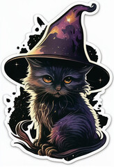 Mystical black kitten with witch hat in a dark color. AI Generated
