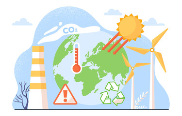 Changing of climate concept. Alternative energy sources and sustainable lifestyle. Windmills for power generation. Global environmental issues and problems. Cartoon flat vector illustration
