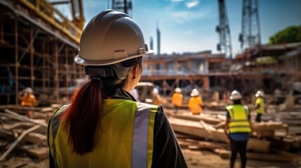 Woman architect in hard hat on construction site safe working on job site