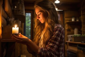 A solo traveler lighting a candle in a serene mountain cabin
