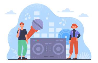 DJ party concept. Man and woman near radio with microphone. Entertainment, fun and leisure. Music and songs mix. Workers at nightclub. Creativity and art. Cartoon flat vector illustration