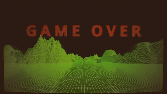 Game over. Old arcade game screen, 3d green grid wireframe landscape. 3D retro 8bit video game. 80s, 90s style digital display vintage computer animation.Looping, visual loop. High quality 4k footage