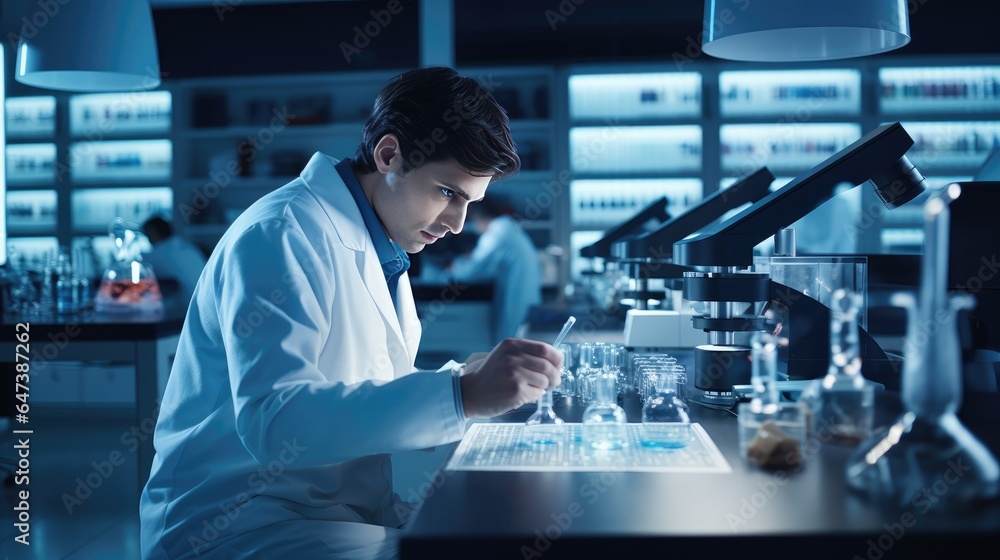 Aufkleber scientist in a laboratory carefully analyzing data and conducting experiments to evaluate the effica