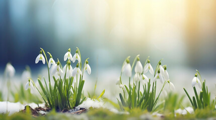 Some snowdrops coming out of the snow, beautiful soft natural background, beautiful bokeh. Copy space available. Beautiful snowdrops growing in the snow. Winter theme.