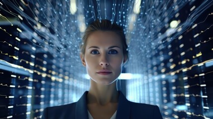 Close up Portrait of a woman amidst columns of data servers orchestrating the flow of digital information