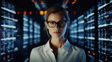 Close up Portrait of a woman amidst columns of data servers orchestrating the flow of digital information