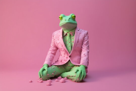 Frog in a pink dotted jacket and tie. Dressed and sitting like a businessman - Powered by Adobe