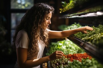 detailed image of a woman carefully selecting fresh produce in a brightly lit supermarket