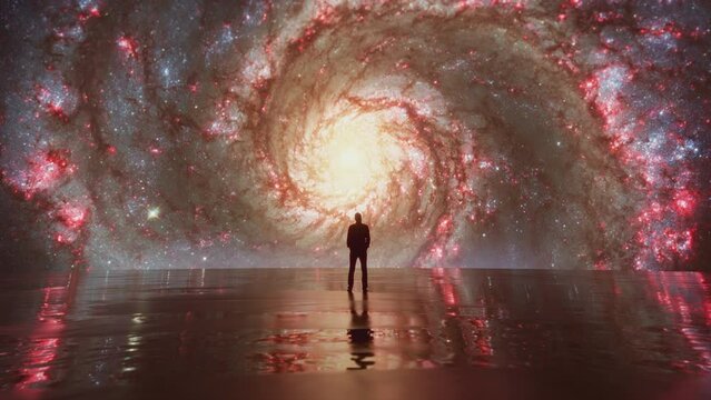 Silhouette of a man looking at the beauty of universe, nebula. Zoom in. Infinite universe. Edge of the world. Looking into the future. Power of imagination. Cinematic concept clip.