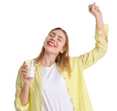 Happy Young Woman With Glass Of Milk On White Background