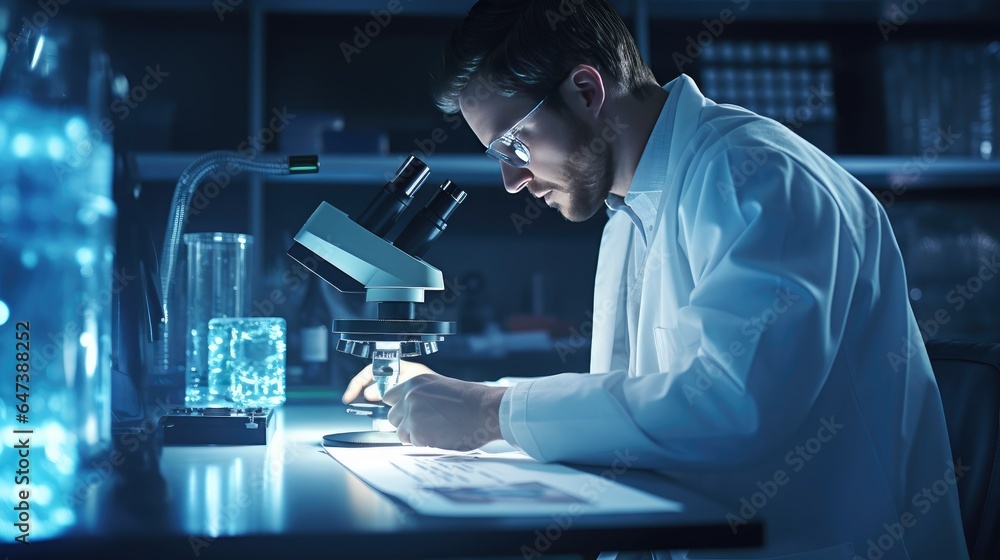 Aufkleber scientist in a laboratory carefully analyzing data and conducting experiments to evaluate the effica