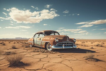Fototapeta na wymiar Image of classic car in dry desert. Generative AI