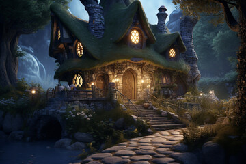 Creepy witch house with pumpkin elements 3d rendering