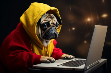 Portrait of a happy pug office worker dog wearing a sweater. The dog looks at the laptop. Computer protection concept. AI generated
