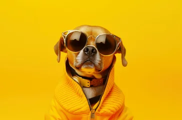  Portrait of a funny dog wearing glasses and a gold chain. Small smiling dog on a bright trendy yellow background. AI generated © Елена Тиханович