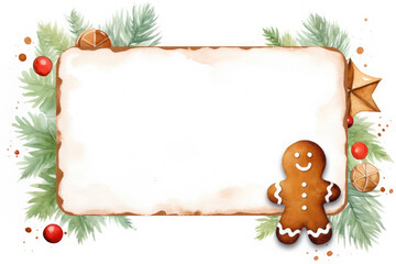Watercolor Christmas frame with white background and copy space. Green branches, gingerbread cookies and red berries. Holiday postcard.