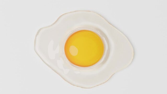 Fried egg creative animation on white background on top view food cooking 3d advertising concept