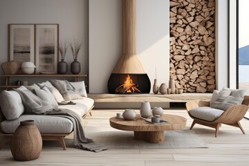 modern minimalist scandinavian living room with light natural materials