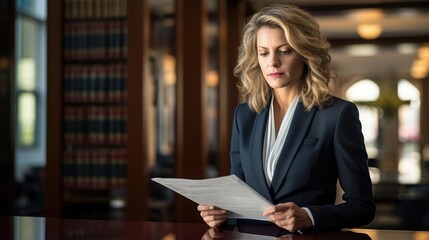 Portrait of a woman at a prestigious law firm meticulously reviewing legal documents