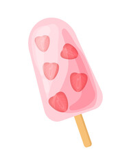 Ice cream at stick concept. Frozen dessert and delicacy. Pink sweet food with strawberry. Sticker for social networks and messengers. Cartoon flat vector illustration isolated on white background