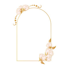 Arch frame with golden roses on a transparent background. Calligraphic ornaments and floral frames flourish. Frame of linear floral logos, frames and frames, backgrounds for social media, greetings, p