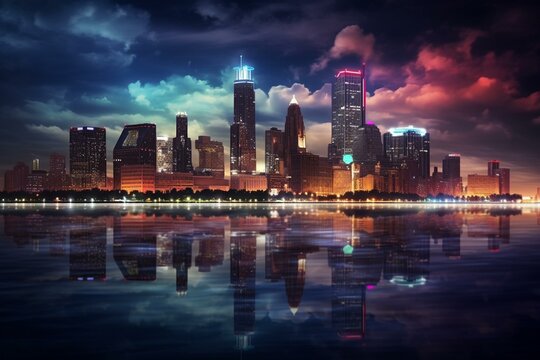 Nighttime view of Detroit skyline with illuminated lights. Generative AI