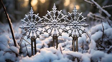 Snowflakes creating designs on the sharp prongs of a garden fork,