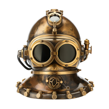 An Antique Diving Helmet With Goggles On A White Background