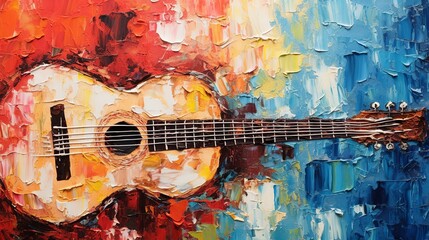 Textured acrylic painting of guitar with palette knife strokes, intended for wall decor, backgrounds, backdrop, featuring designated space for text. - obrazy, fototapety, plakaty