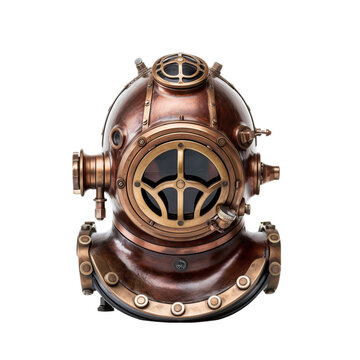 An antique diving helmet on a clean white background