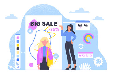 Magazine editor concept. Woman with cover for trendy and fashion magazine. Young girl create adverttising flyer with discounts an sales. Marketer and graphic designer. Cartoon flat vector illustration