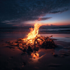 beautiful bonfire in the middle of a beach at night in high definition HD