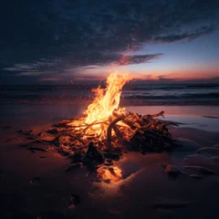 Selbstklebende Fototapete Brennholz Textur beautiful bonfire in the middle of a beach at night in high definition HD