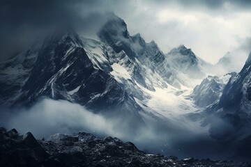 Close-up of snow-capped alpine mountains under dark clouds. Generative AI
