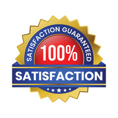 100 Percent Customer Satisfaction Guaranteed Badge, Label, Emblem, Rubber Stamp, 3D Realistic Glossy And Shiny Satisfaction Client Icon, Certified Quality Control Seal Satisfied Badge, Happy Customers