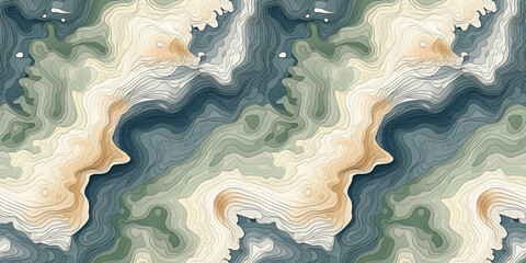 Color topographic map with a repeating seamless pattern. Abstract background with blue and green waves with beige. - obrazy, fototapety, plakaty